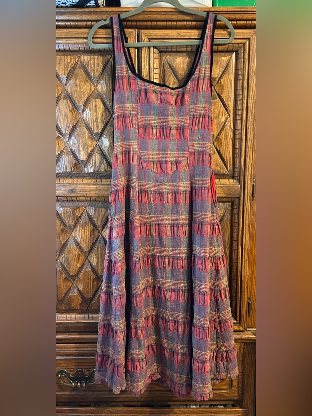 Free People Plaid Midi Dress in Red, Green & Yellow with Tie Front - Picture 4 of 6
